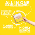 all in one dishwasher tablets pack shot with benefits circling on a yellow background
