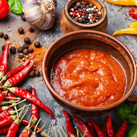 red hot sauce in ceramic dish surrounded by hot peppers