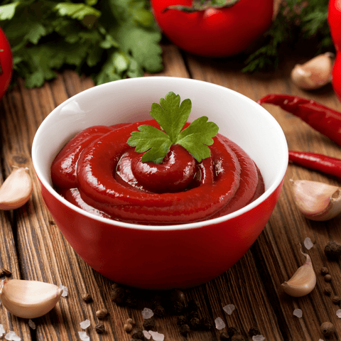 ketchup in ceramic dish surrounded by peppers garlic tomatoes