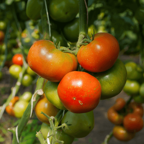 multicoloured tomatoes on vines
